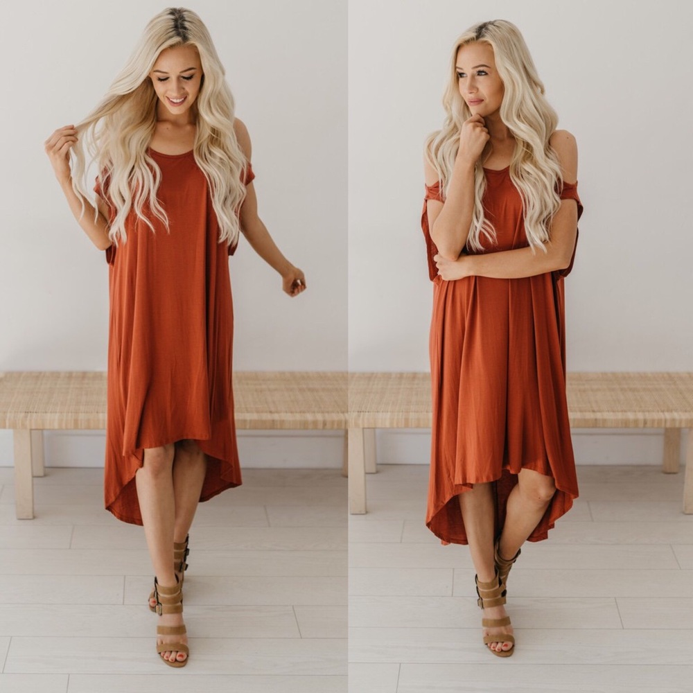 Rust Open Shoulder Flare Dress